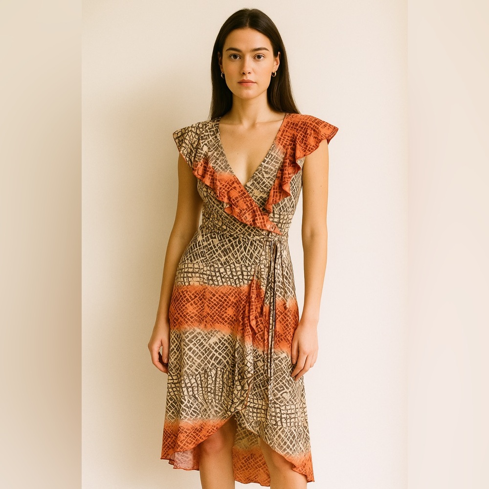 BEBE Y2K VTG Geometric Print Ruffle Midi Wrap Dress Womens M Wedding Guest chic